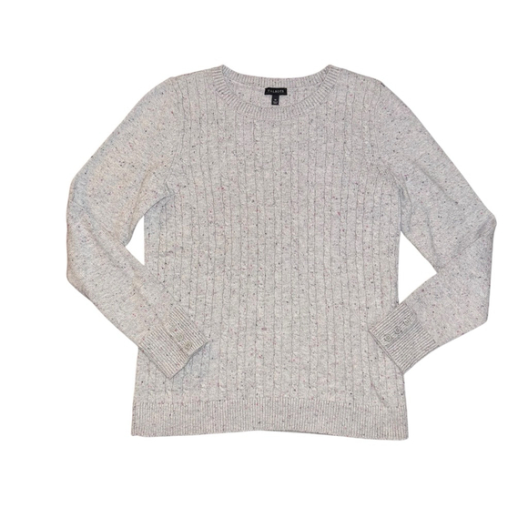 Talbots M Cable Knit Sweater Grey Speckled Long Sleeve Button Cuffs Cotton Blend - Picture 3 of 7